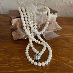Vintage Costume Faux Pearl Necklace with Rhinestone Clasp - Long